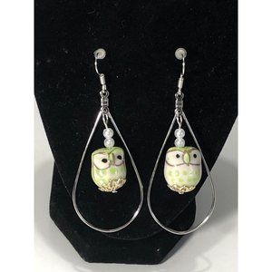 Handmade Owl Hoop Earrings-Silver Toned, Green Ceramic Bird W/ Pearl Elements.
